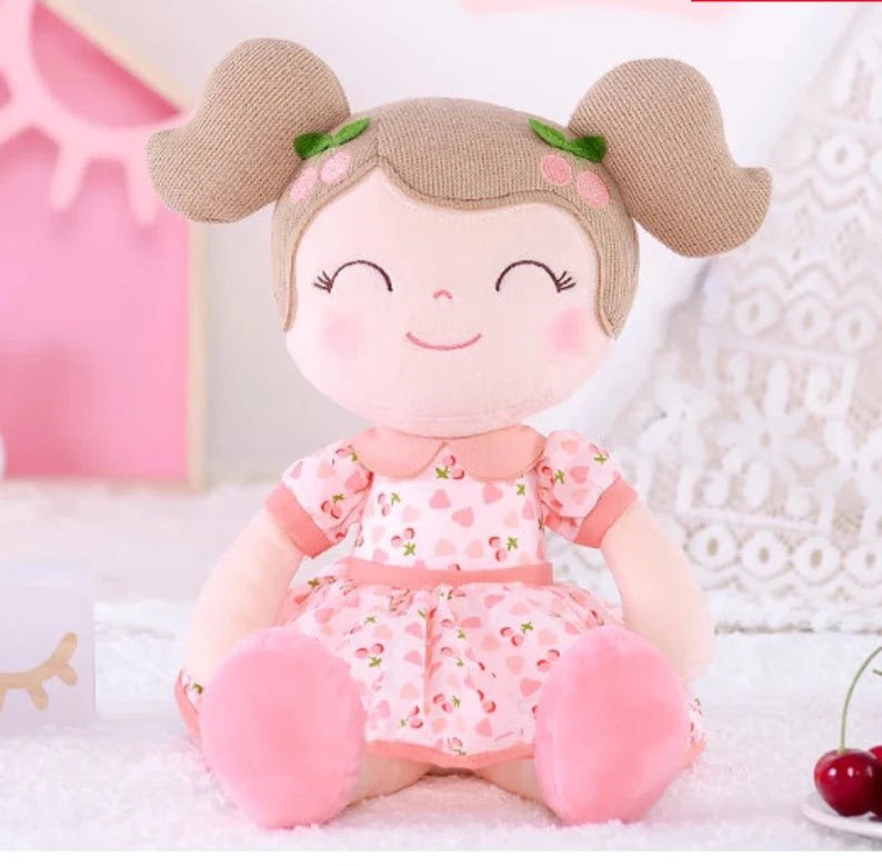 Personalized Plush Doll – Light Brown Hair with a Pink Cherry Dress - Tiny Tots Boutique