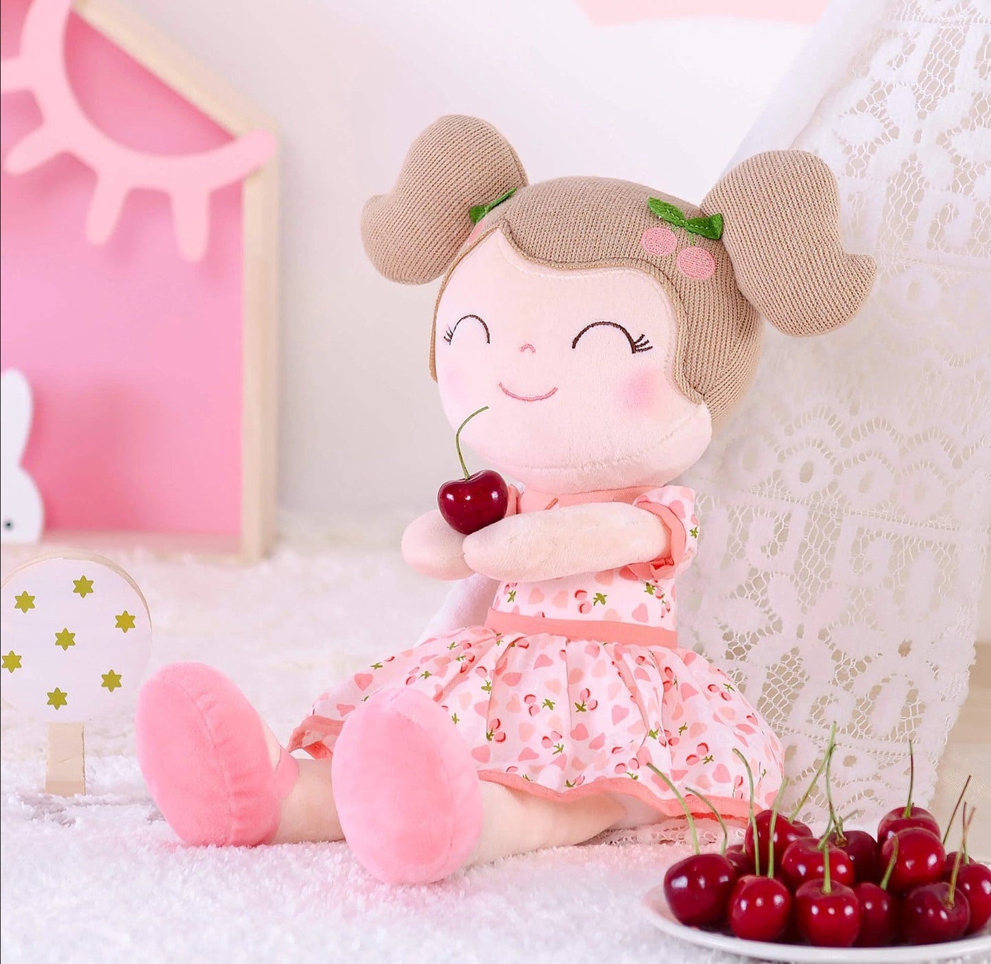 Personalized Plush Doll – Light Brown Hair with a Pink Cherry Dress - Tiny Tots Boutique