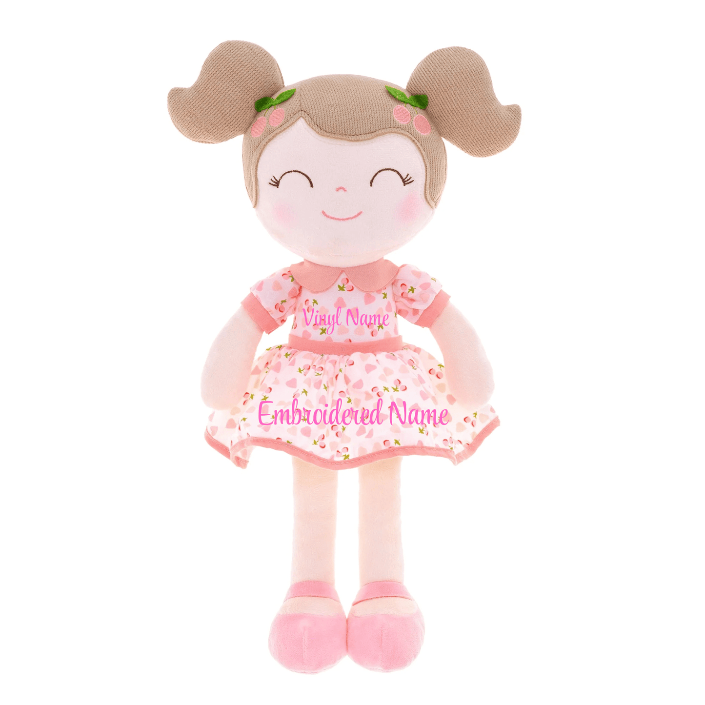 Personalized Plush Doll – Light Brown Hair with a Pink Cherry Dress - Tiny Tots Boutique