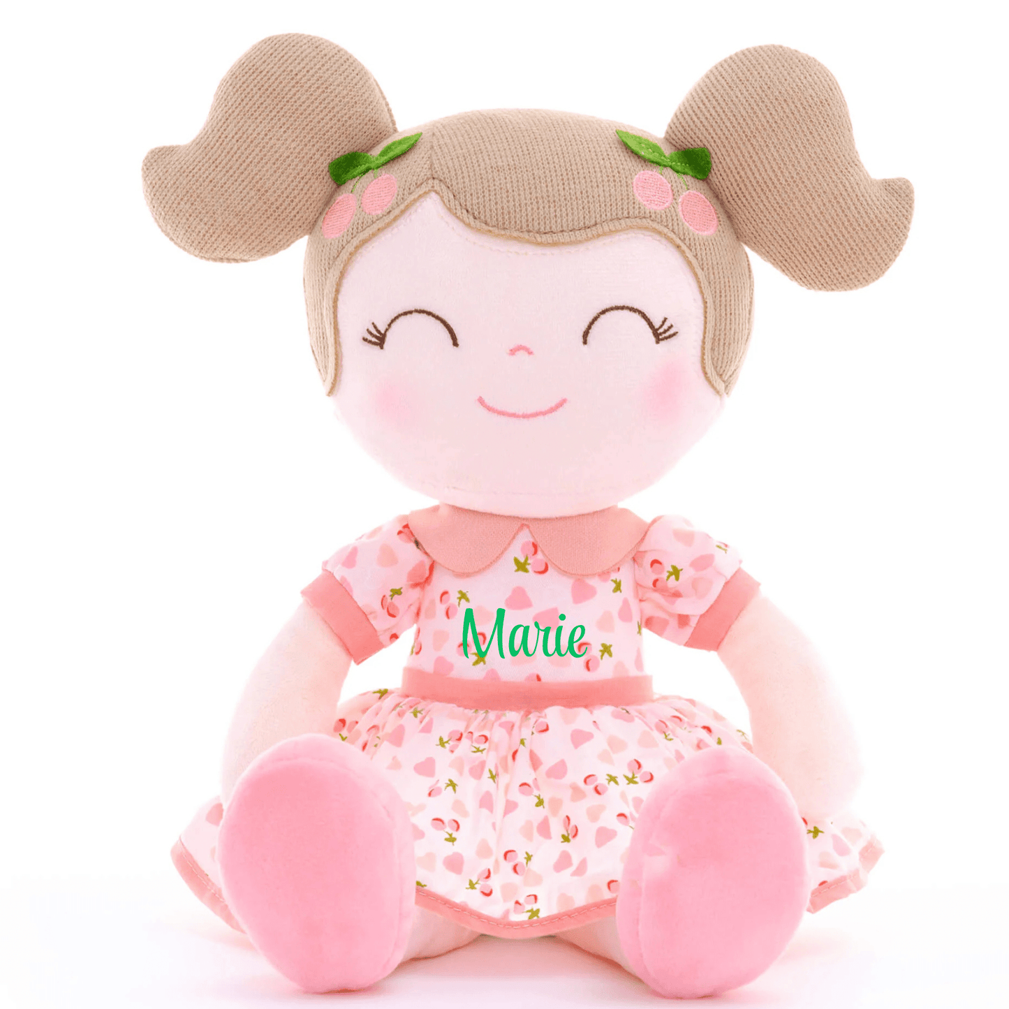 Personalized Plush Doll – Light Brown Hair with a Pink Cherry Dress - Tiny Tots Boutique