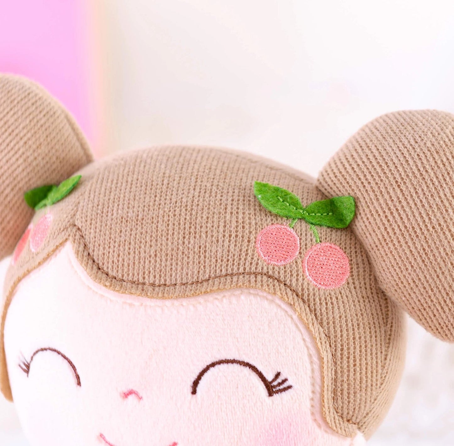 Personalized Plush Doll – Light Brown Hair with a Pink Cherry Dress - Tiny Tots Boutique