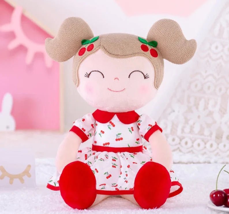 Personalized Plush Doll – Light Brown Hair with a Red Cherry Dress - Tiny Tots Boutique