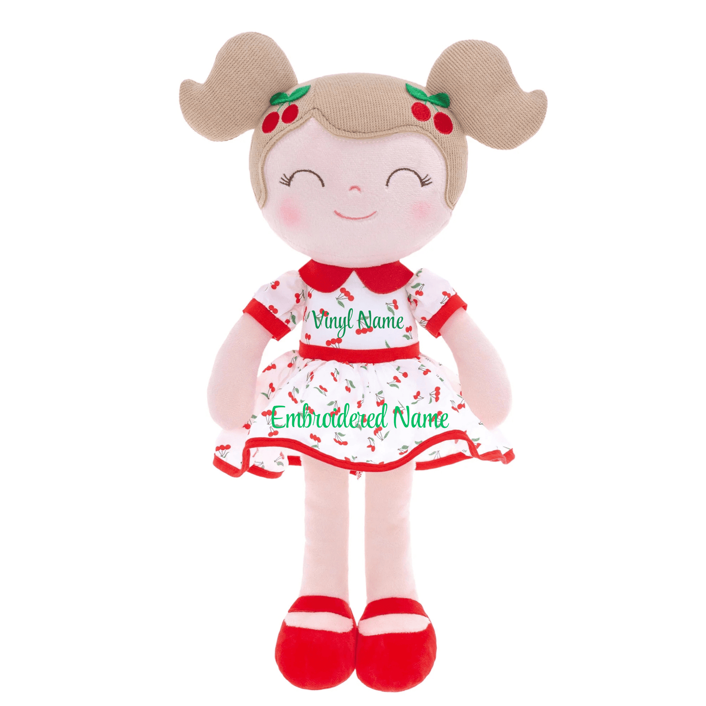 Personalized Plush Doll – Light Brown Hair with a Red Cherry Dress - Tiny Tots Boutique