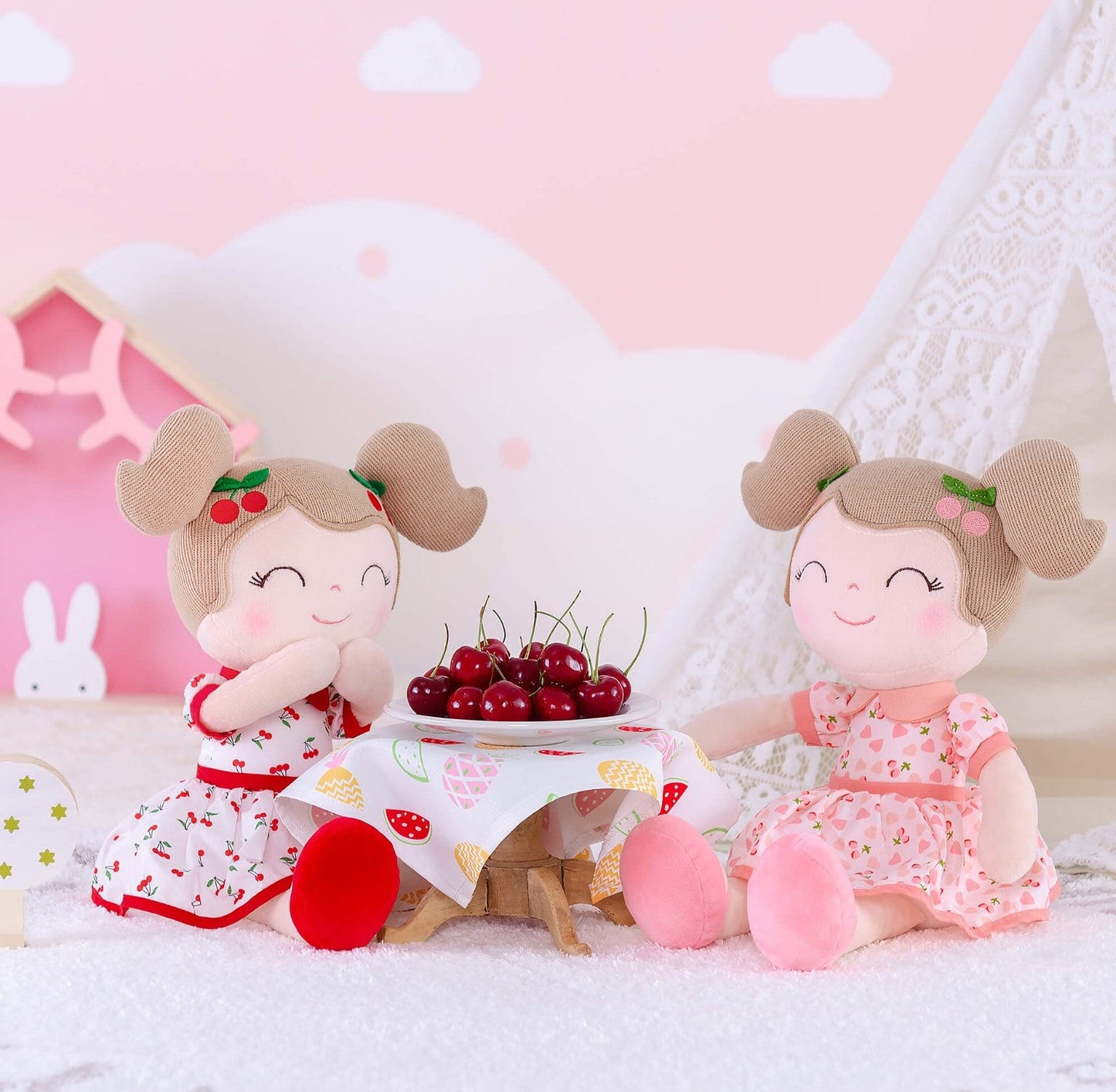 Personalized Plush Doll – Light Brown Hair with a Red Cherry Dress - Tiny Tots Boutique