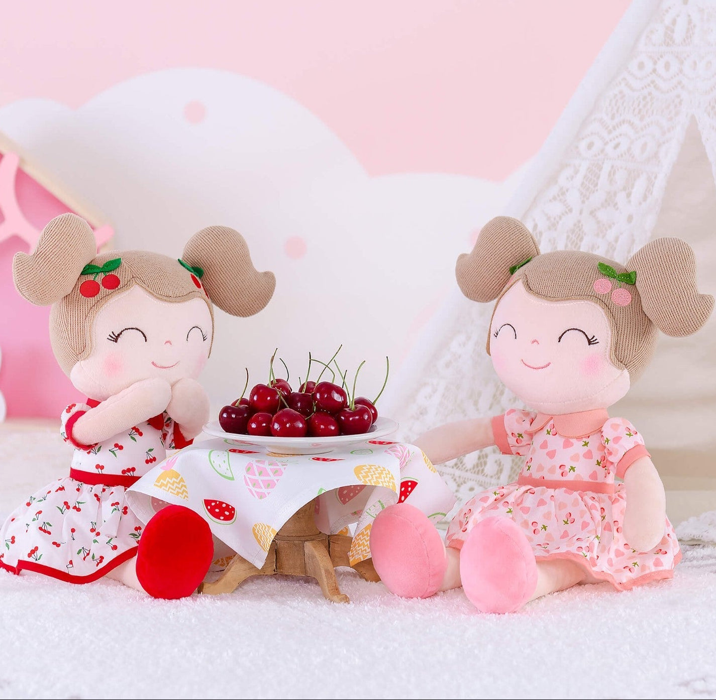 Personalized Plush Doll – Light Brown Hair with a Red Cherry Dress - Tiny Tots Boutique
