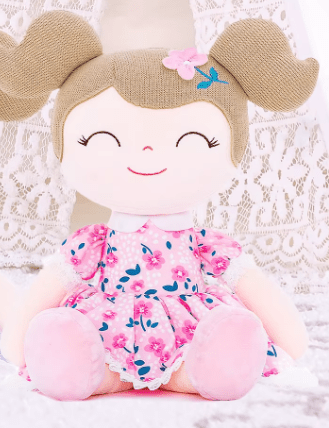 Personalized Plush Doll – Light Brown Hair with a Rose Stem Dress - Tiny Tots Boutique
