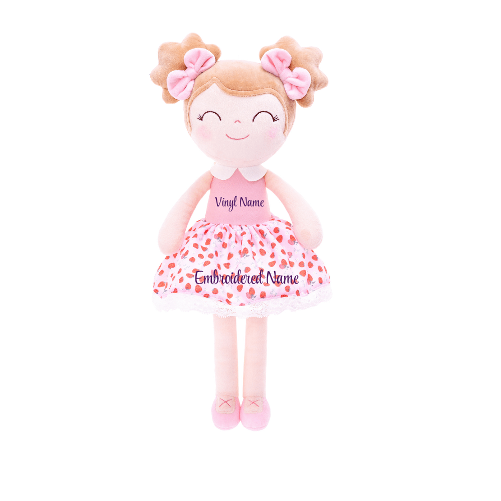 Personalized Plush Doll – Light Brown Hair with a Strawberry Dress - Tiny Tots Boutique