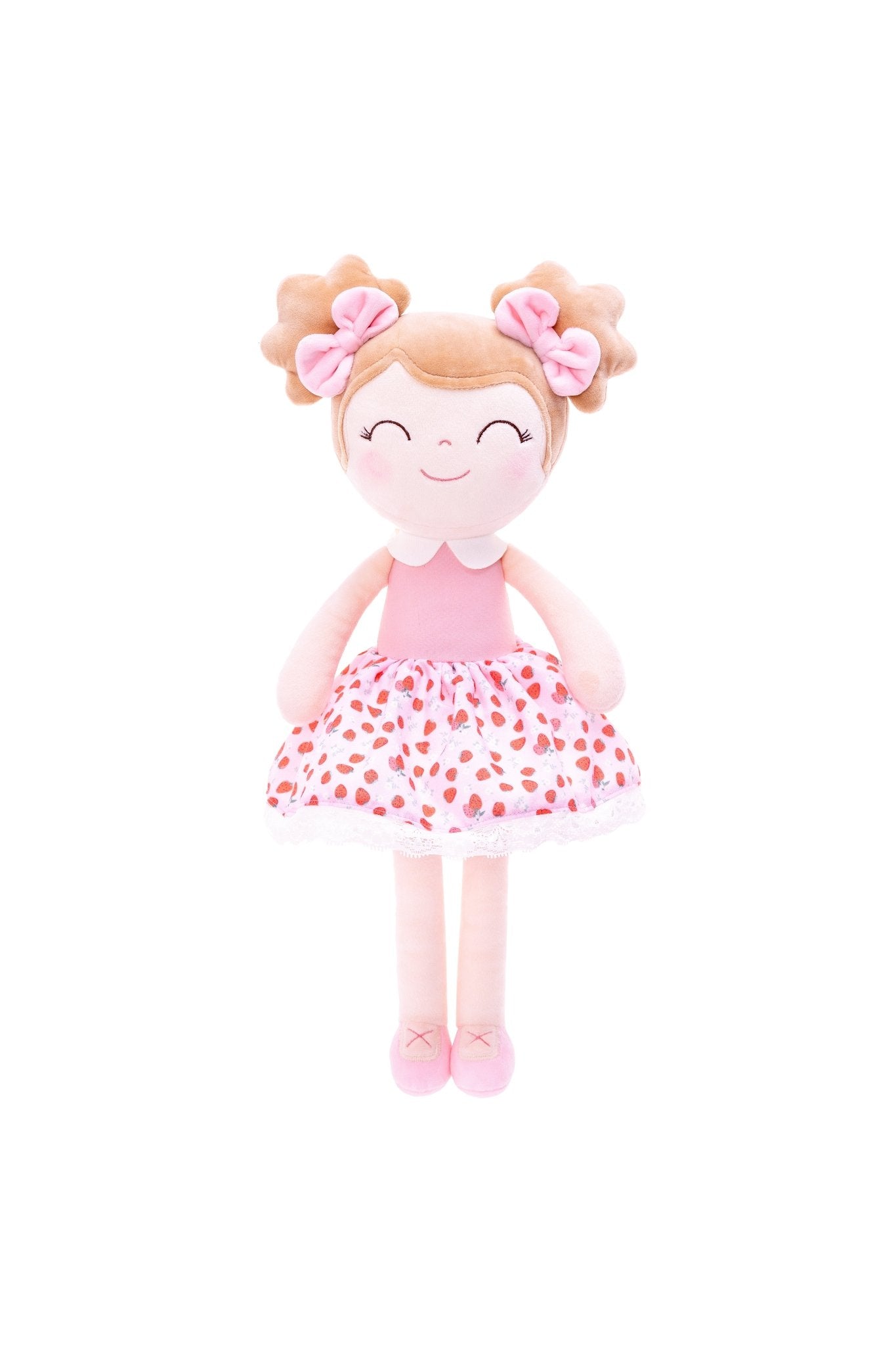 Personalized Plush Doll – Light Brown Hair with a Strawberry Dress - Tiny Tots Boutique