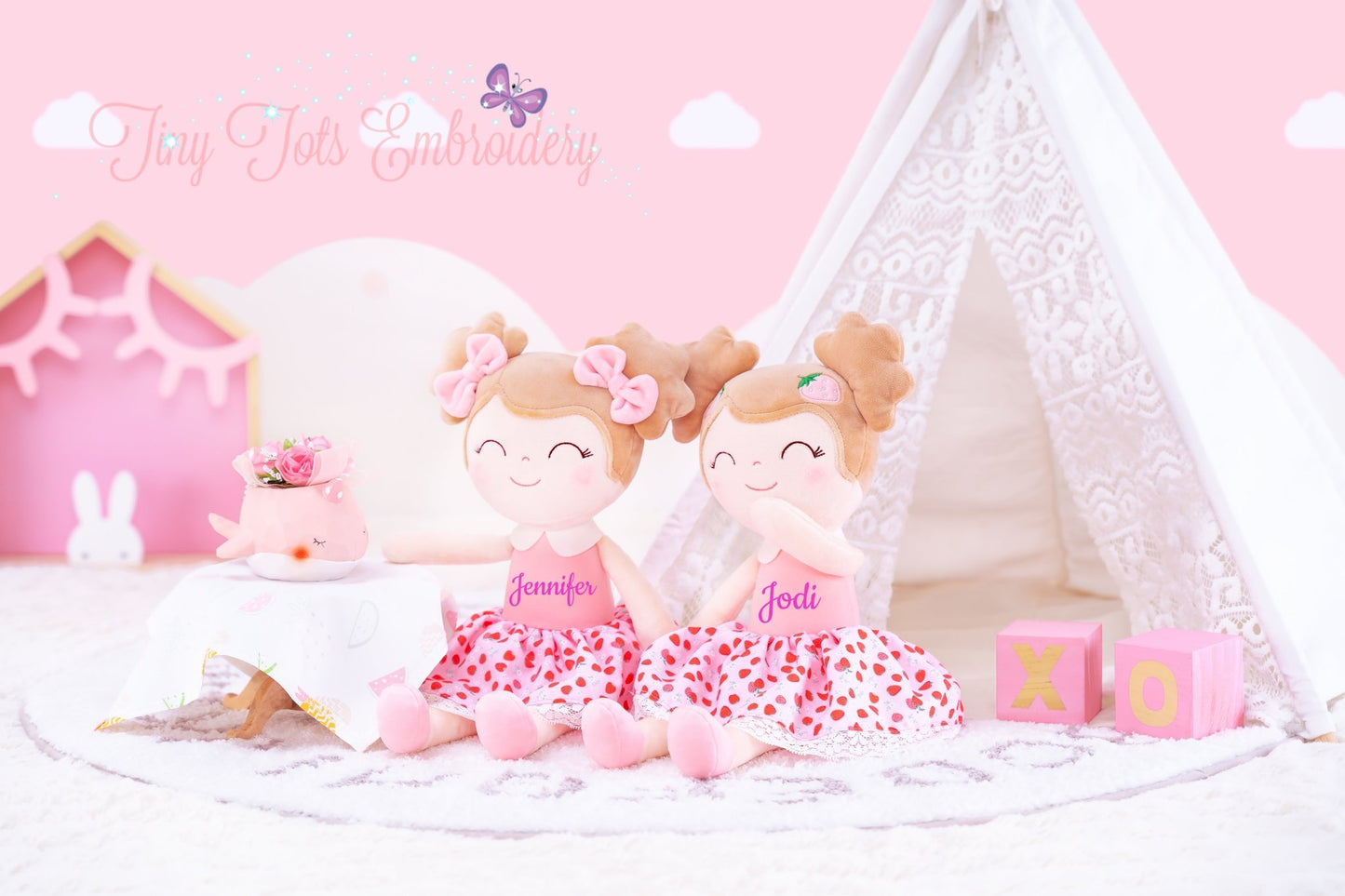 Personalized Plush Doll – Light Brown Hair with a Strawberry Dress - Tiny Tots Boutique