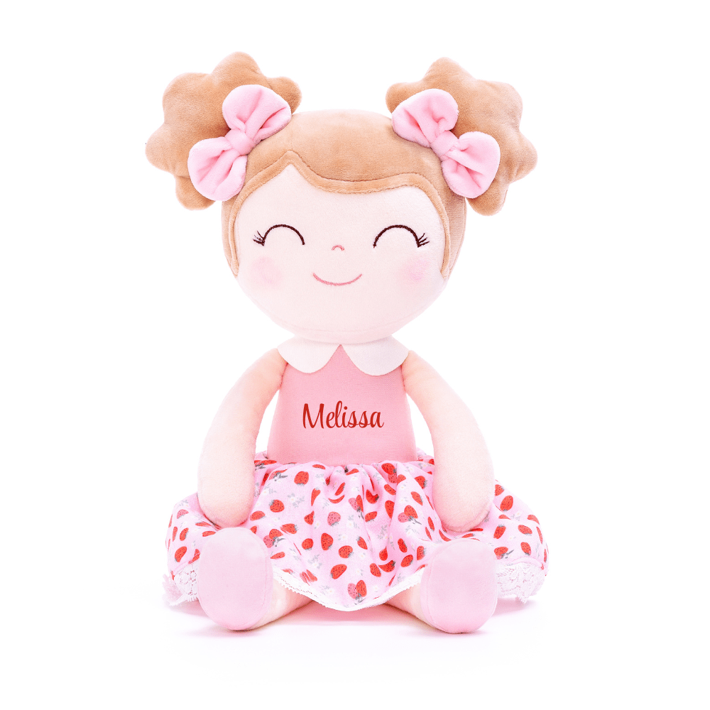 Personalized Plush Doll – Light Brown Hair with a Strawberry Dress - Tiny Tots Boutique