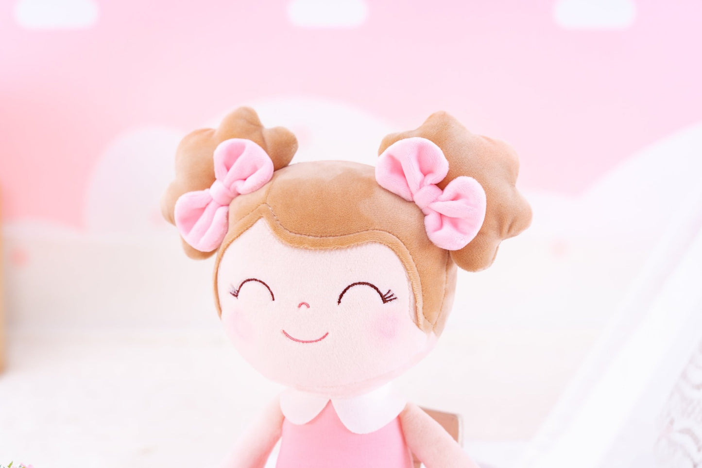 Personalized Plush Doll – Light Brown Hair with a Strawberry Dress - Tiny Tots Boutique