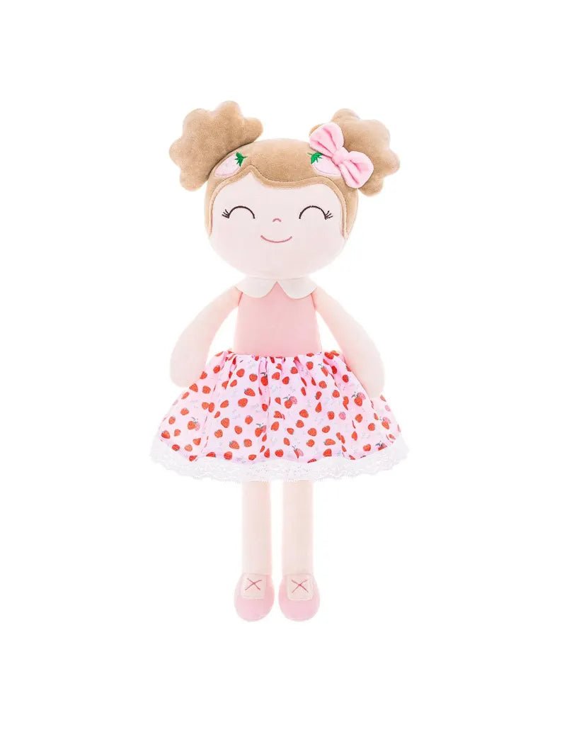 Personalized Plush Doll – Light Brown Hair with a Strawberry Dress and 1 Bow - Tiny Tots Boutique