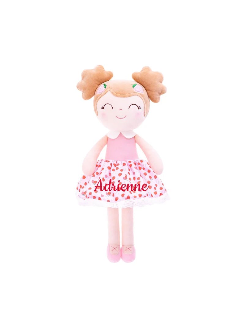 Personalized Plush Doll – Light Brown Hair with a Strawberry Dress and 1 Bow - Tiny Tots Boutique