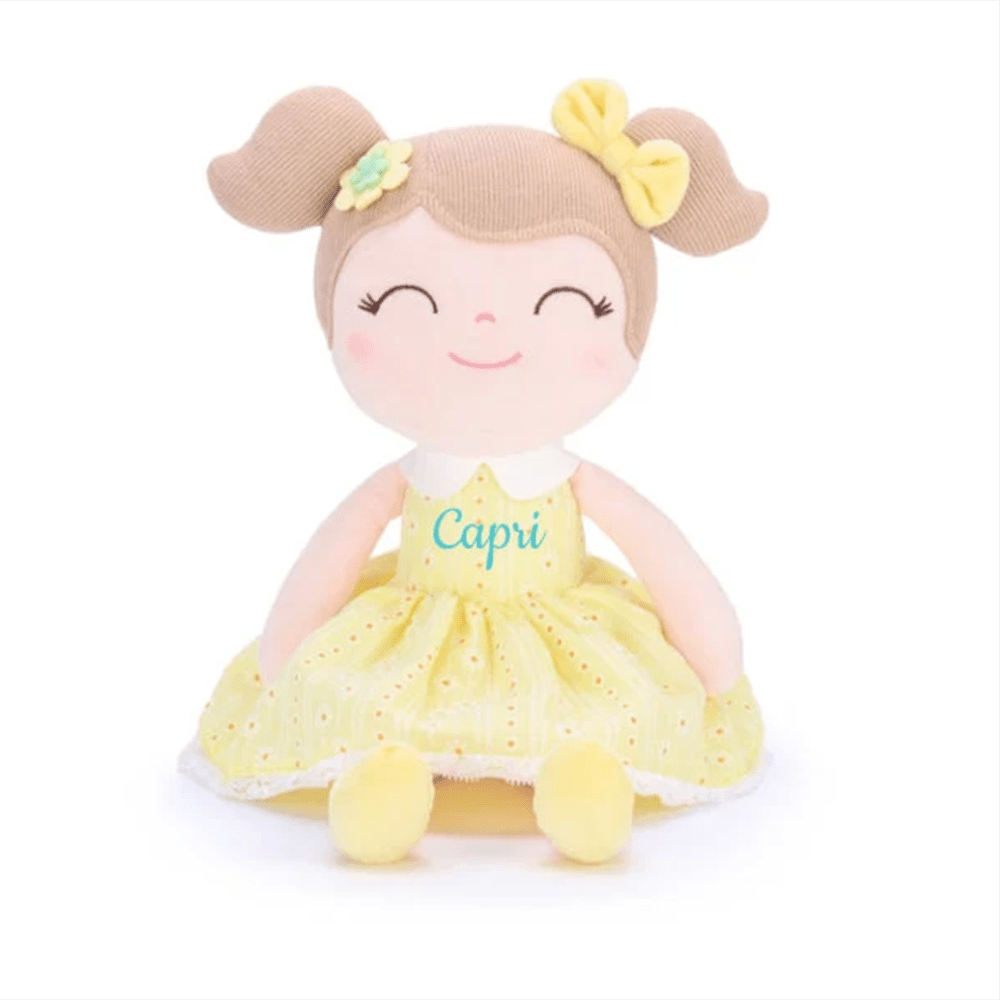 Personalized Plush Doll – Light Brown Hair with a Yellow Dress - Tiny Tots Boutique