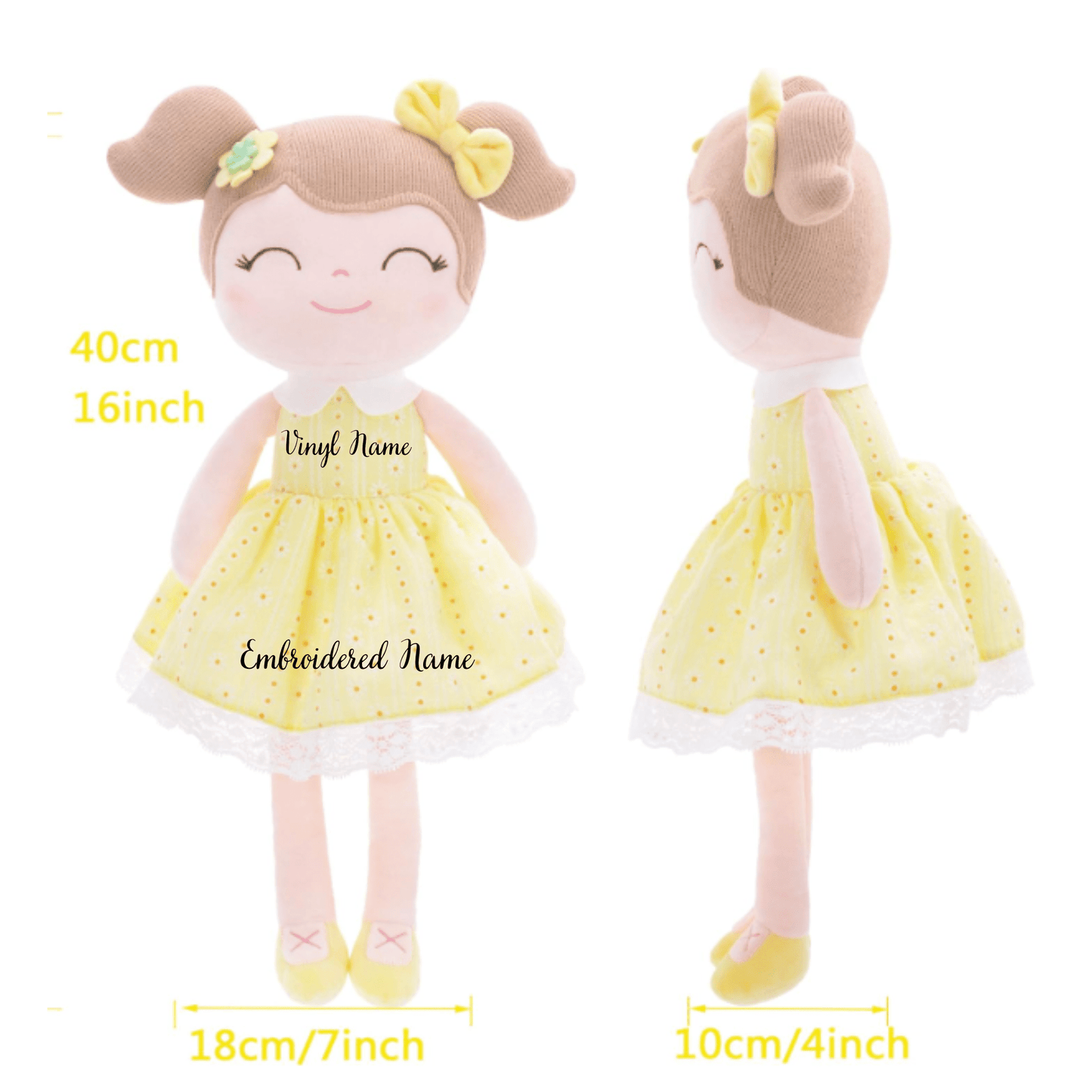 Personalized Plush Doll – Light Brown Hair with a Yellow Dress - Tiny Tots Boutique
