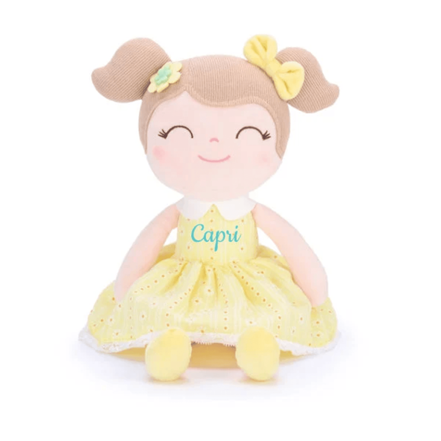 Personalized Plush Doll – Light Brown Hair with a Yellow Dress - Tiny Tots Boutique