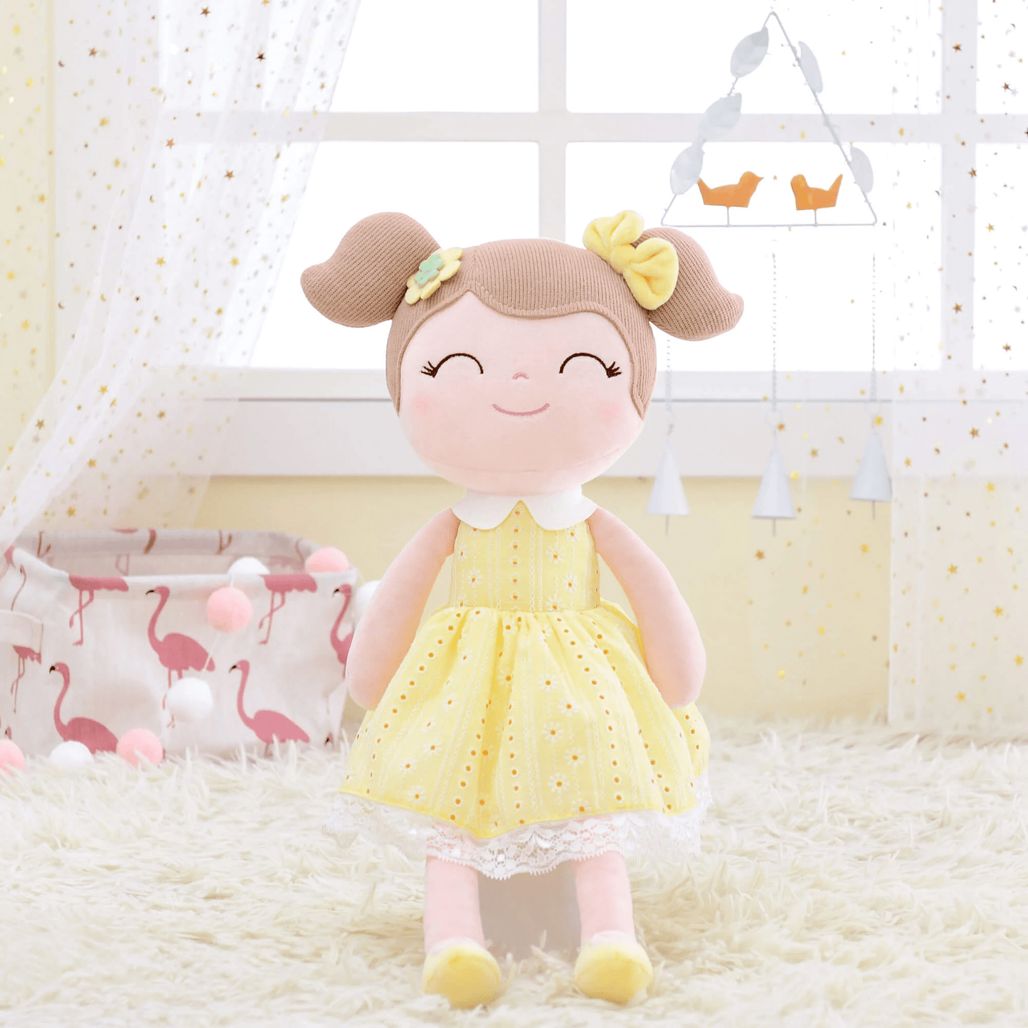 Personalized Plush Doll – Light Brown Hair with a Yellow Dress - Tiny Tots Boutique