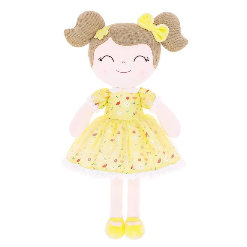Personalized Plush Doll – Light Brown Hair with a Yellow Floral Dress - Tiny Tots Boutique