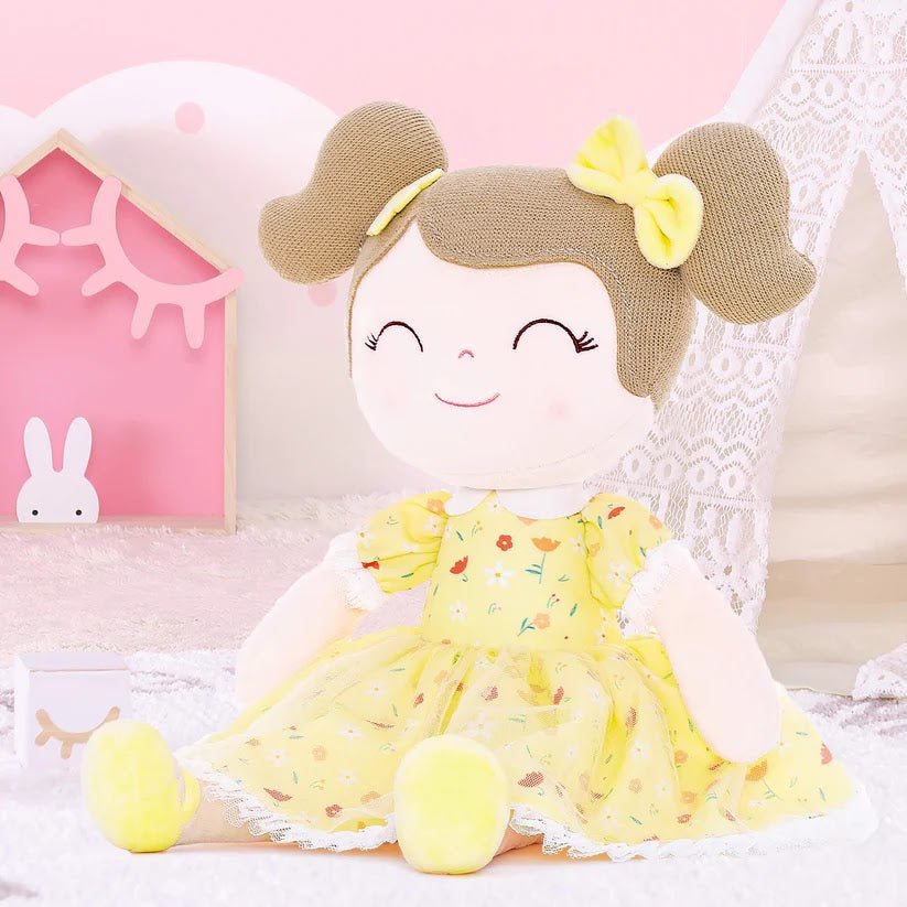 Personalized Plush Doll – Light Brown Hair with a Yellow Floral Dress - Tiny Tots Boutique