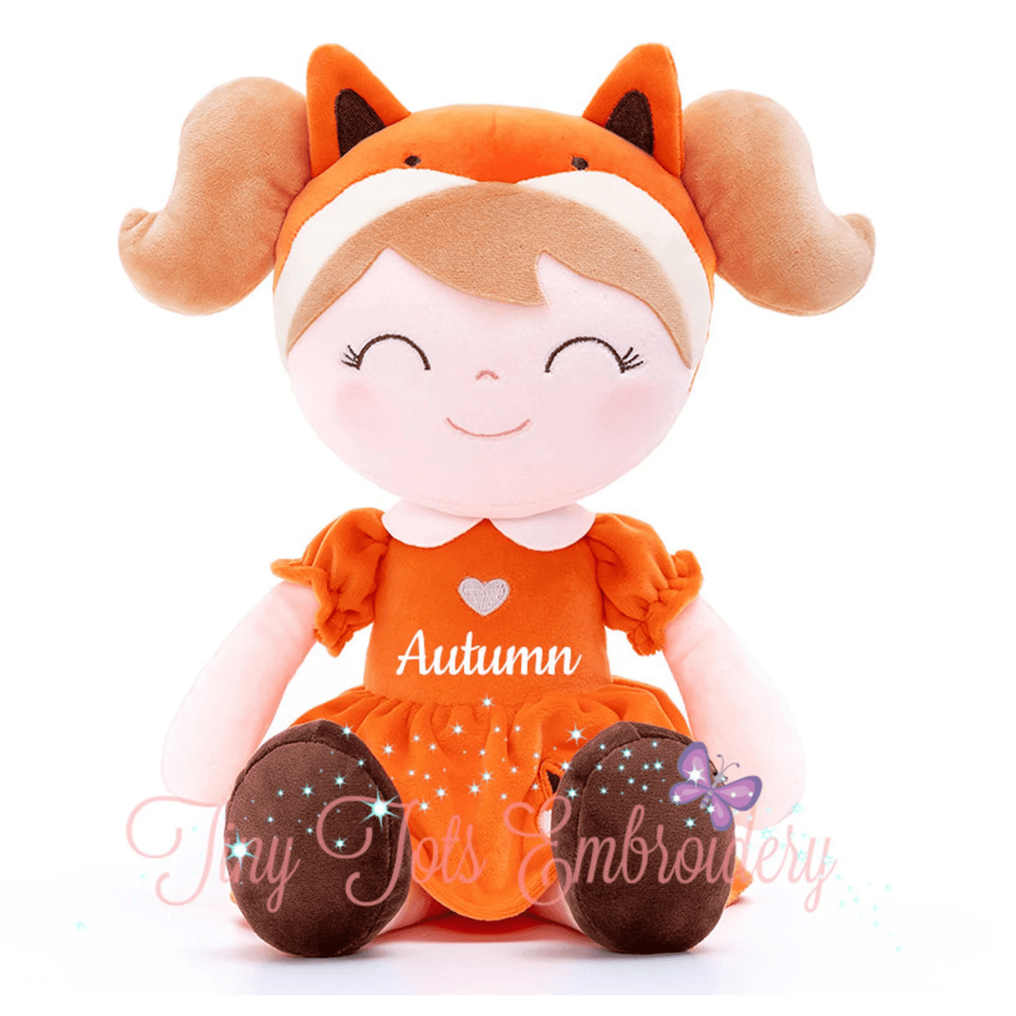 Personalized Plush Fox Doll – Light Brown Hair with an Orange Dress - Tiny Tots Boutique