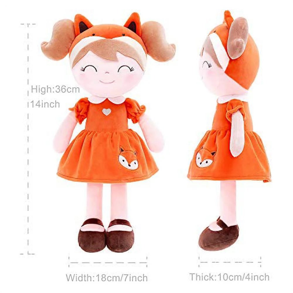 Personalized Plush Fox Doll – Light Brown Hair with an Orange Dress - Tiny Tots Boutique