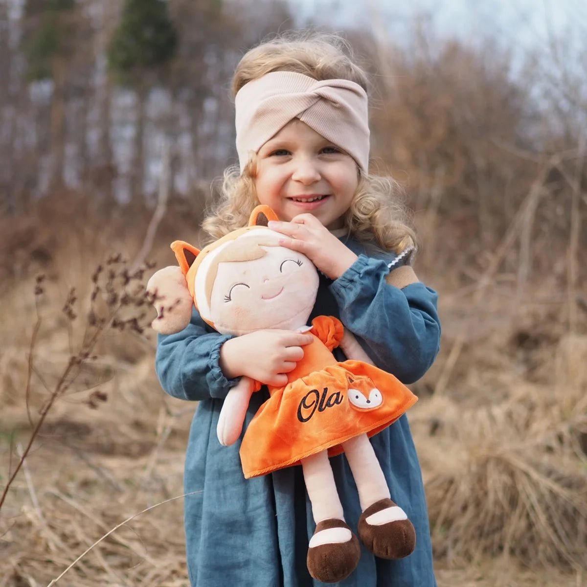 Personalized Plush Fox Doll – Light Brown Hair with an Orange Dress - Tiny Tots Boutique