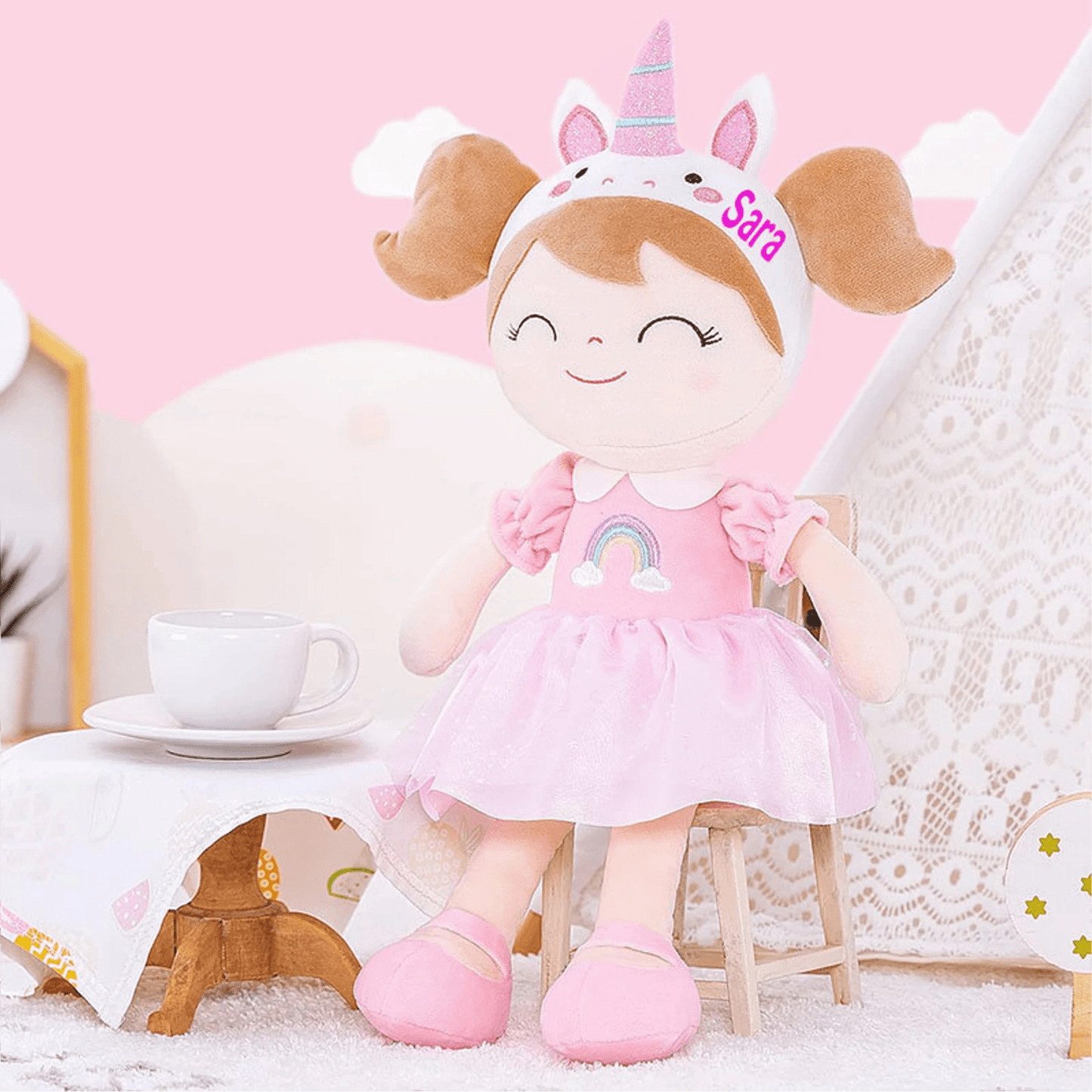 Personalized Plush Unicorn Doll – Light Brown Hair with a Pink Rainbow Dress - Tiny Tots Boutique