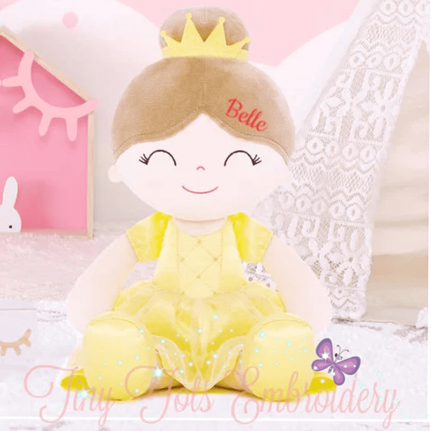 Personalized Princess Plush Doll – Brown Hair with a Yellow Dress - Tiny Tots Boutique