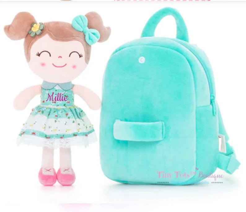 Personalized Toddler Backpack and Plush Doll - Green Stripe - Tiny Tots Boutique