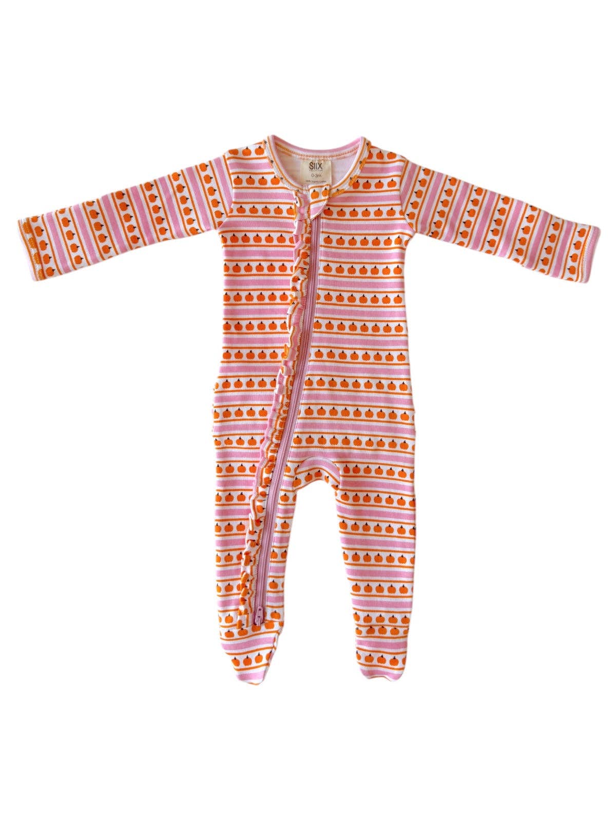 Pumpkin Stripe Pink / Organic Frill Zip Footie - Tiny Tots Boutique