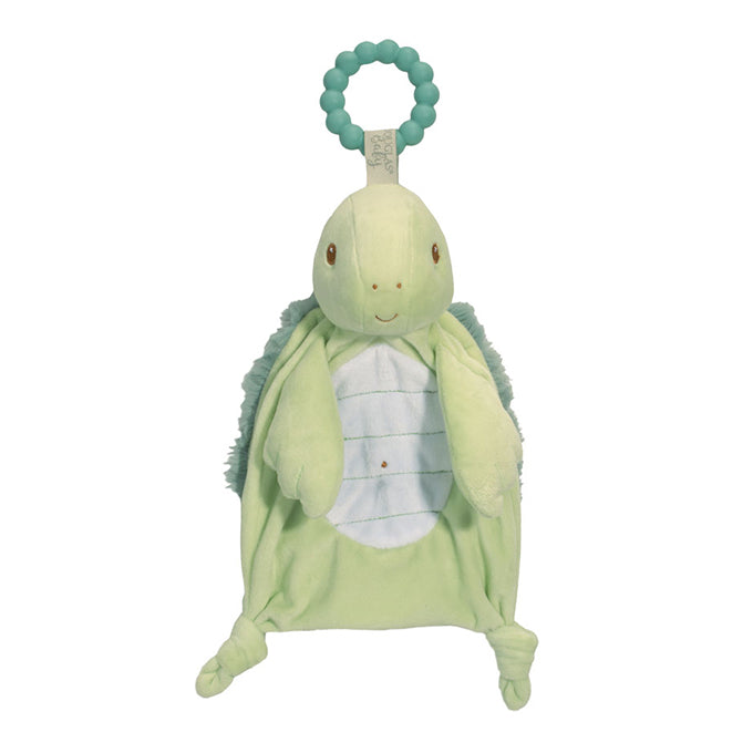 Baby Teething Lovey Turtle Plush Blanket Mint Green Soft Comfort Toy White Blue Striped Belly Teal Silicone Ring Attached Knotted Corners BPA Free Materials Surface Washable Infant Gift Nursery Essential Gender Neutral Design Safe Baby