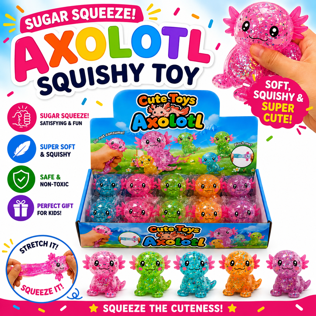 Axolotl Squishy Toy – Glittery Stretch & Squeeze Sensory Toy - Tiny Tots Boutique