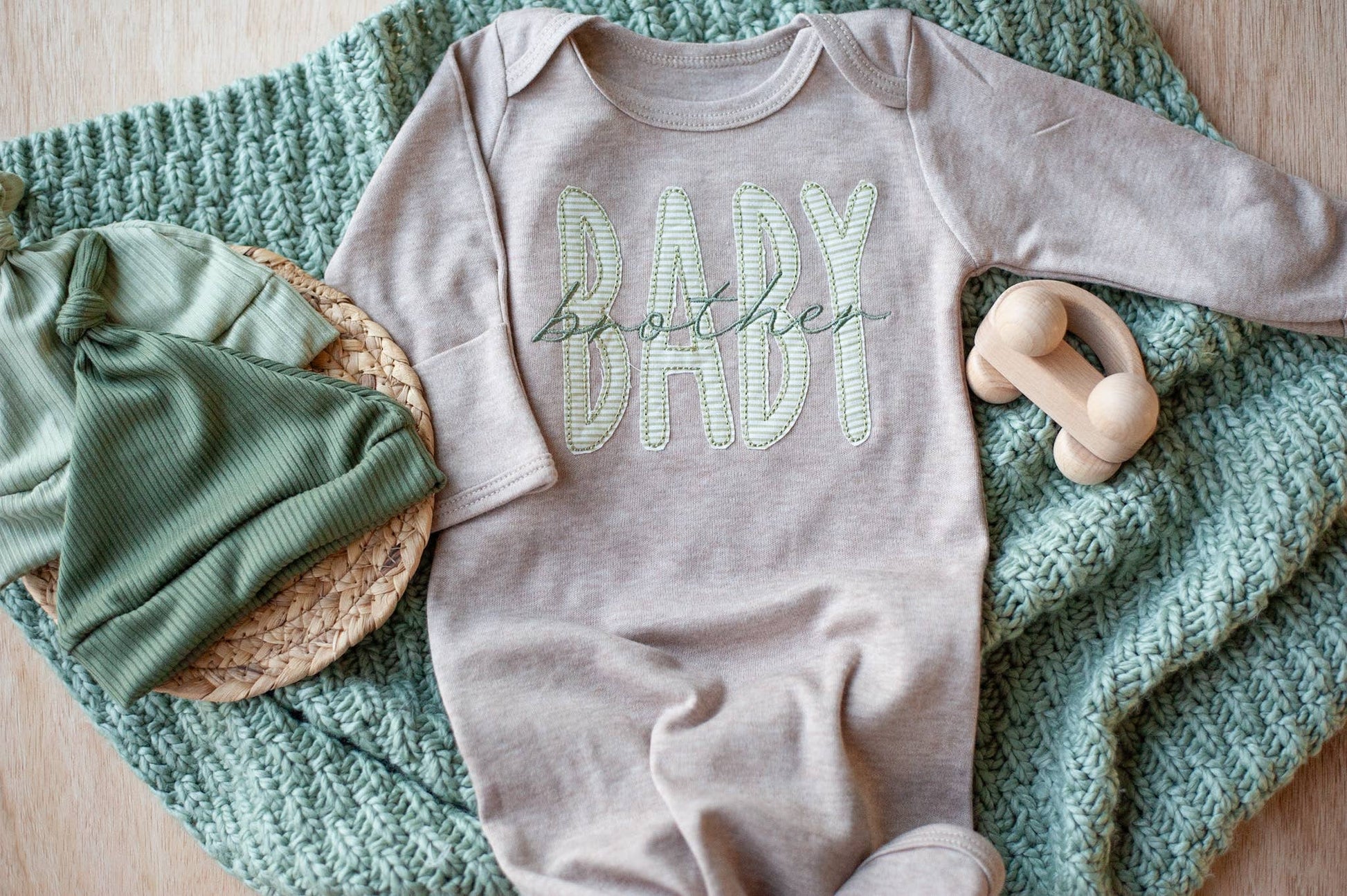 Baby Boy Outfit | Mocha Knot Gown Green Baby Brother - Tiny Tots Boutique