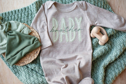 Baby Boy Outfit | Mocha Knot Gown Green Baby Brother - Tiny Tots Boutique