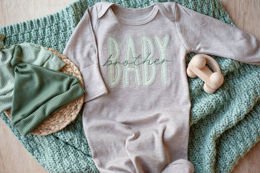 Baby Boy Outfit | Mocha Knot Gown Green Baby Brother - Tiny Tots Boutique