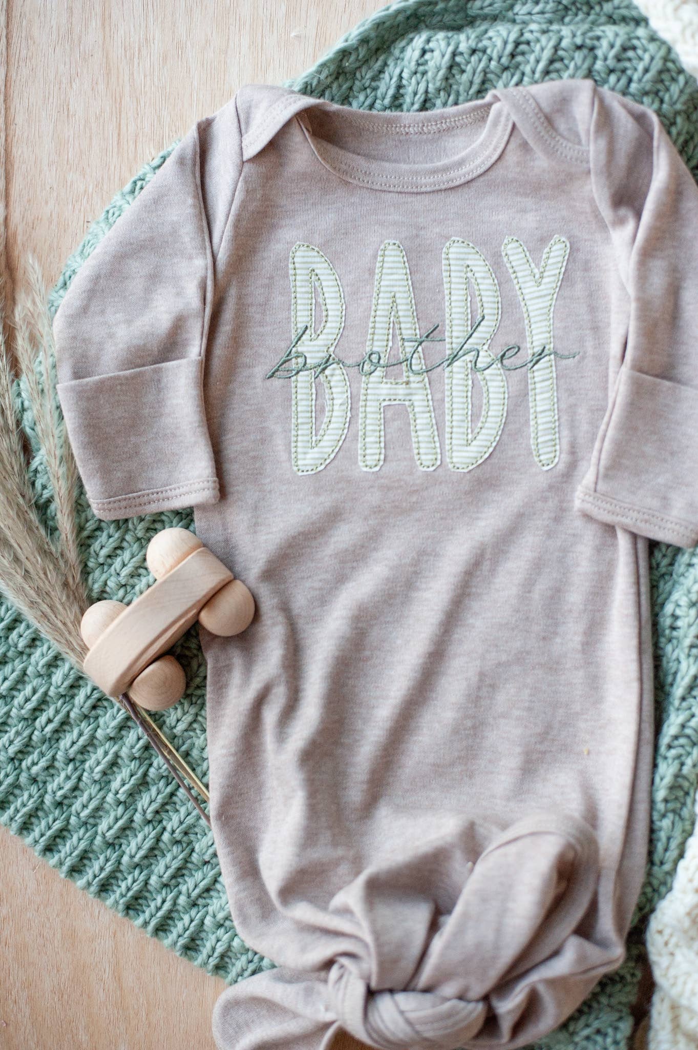Baby Boy Outfit | Mocha Knot Gown Green Baby Brother - Tiny Tots Boutique