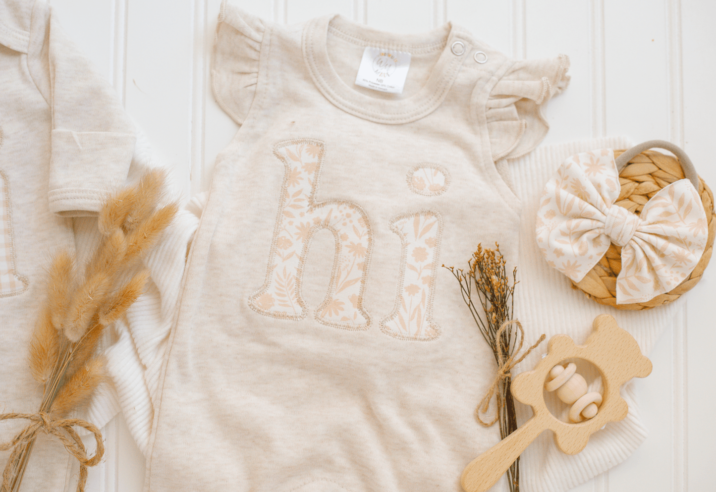Baby Girl Outfit | Oatmeal Flutter Romper - HI - Tiny Tots Boutique