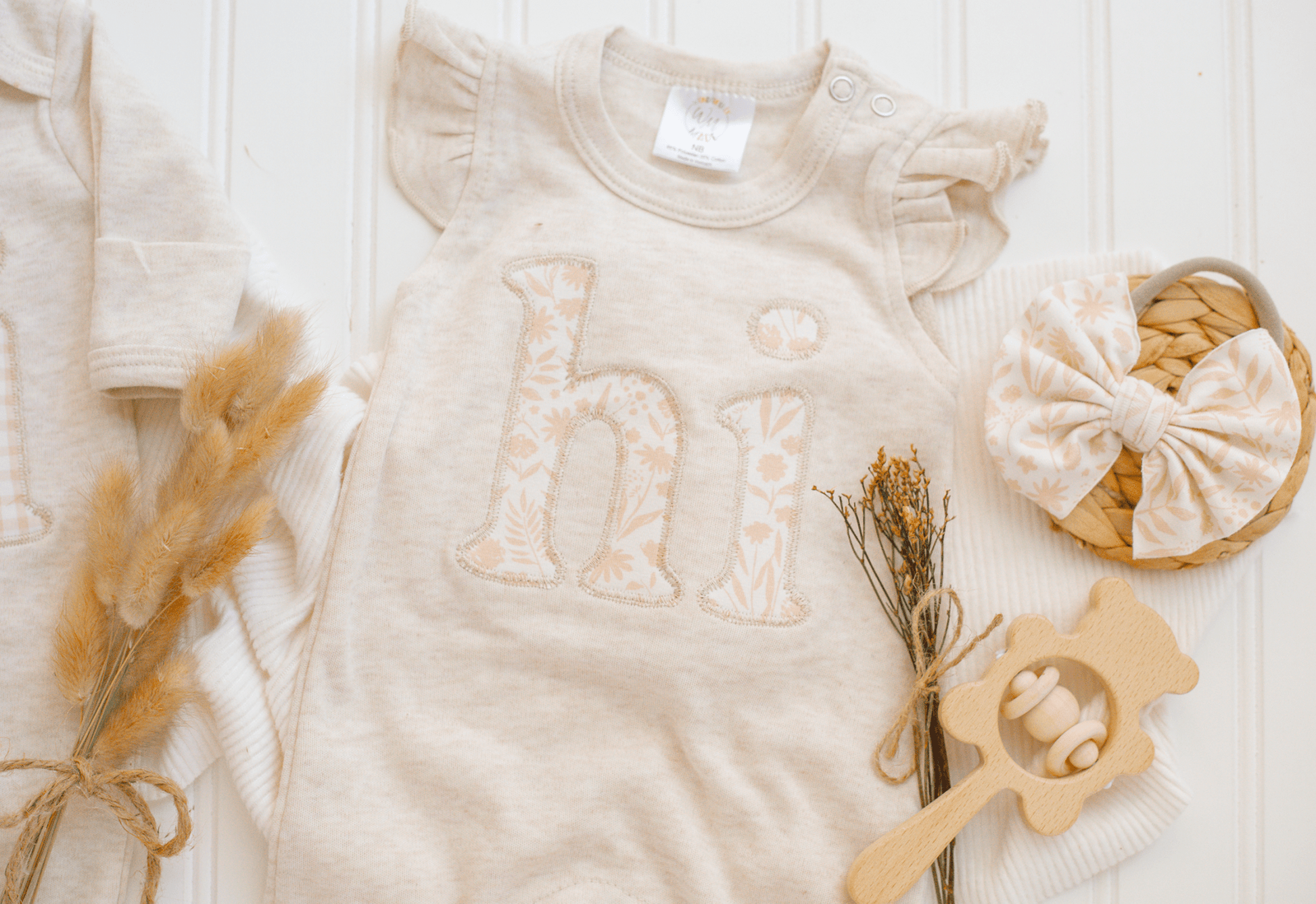 Baby Girl Outfit | Oatmeal Flutter Romper - HI - Tiny Tots Boutique