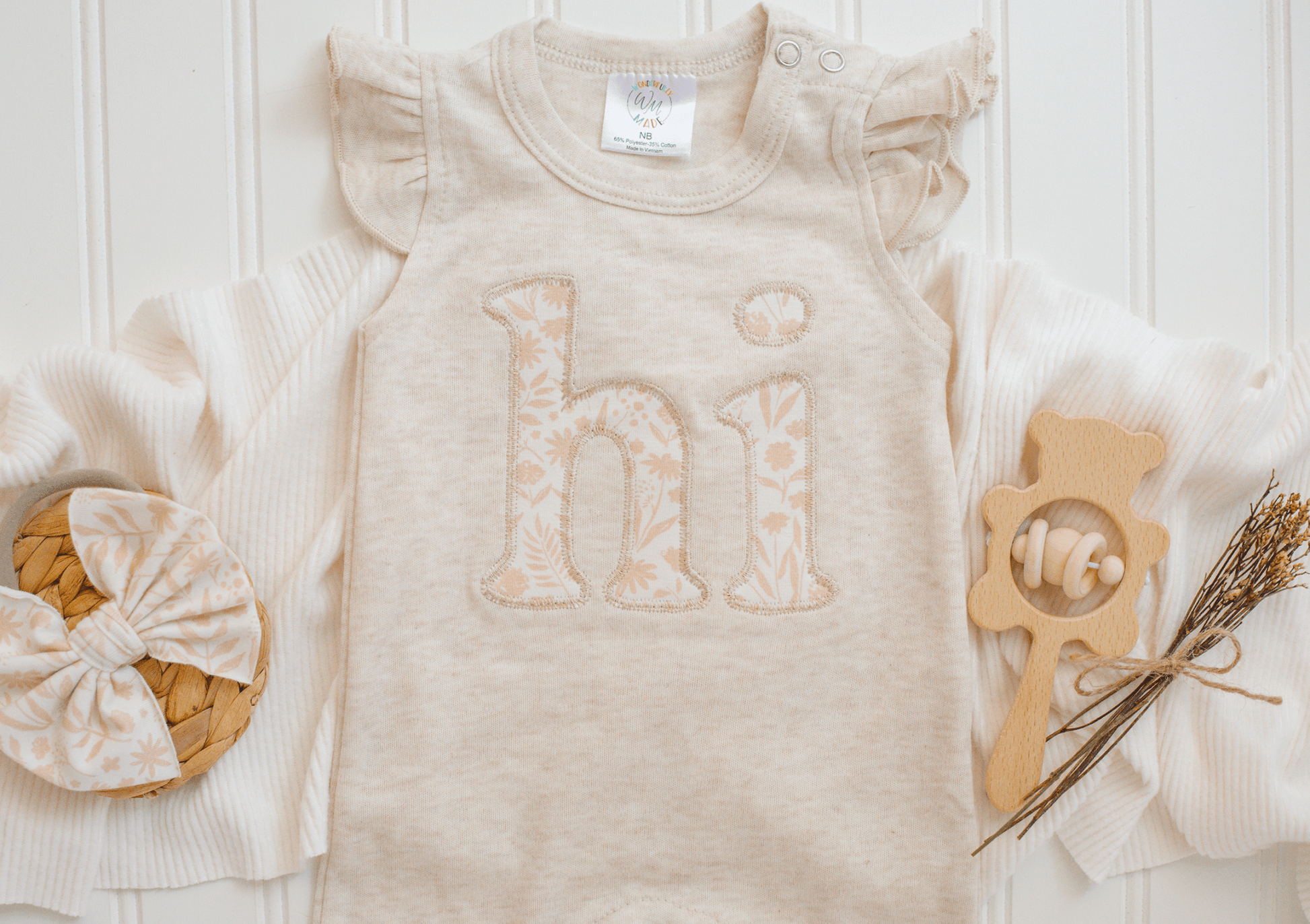 Baby Girl Outfit | Oatmeal Flutter Romper - HI - Tiny Tots Boutique