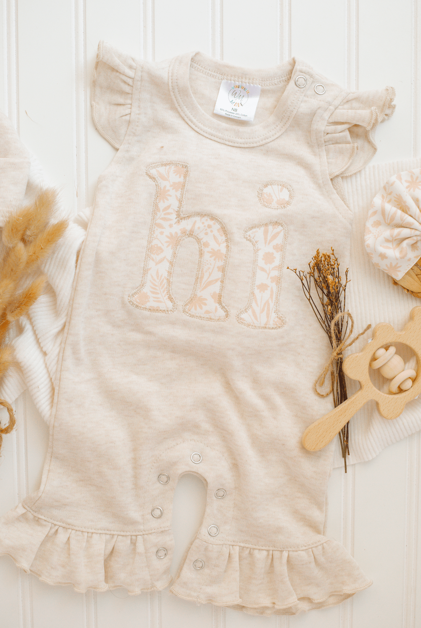 Baby Girl Outfit | Oatmeal Flutter Romper - HI - Tiny Tots Boutique