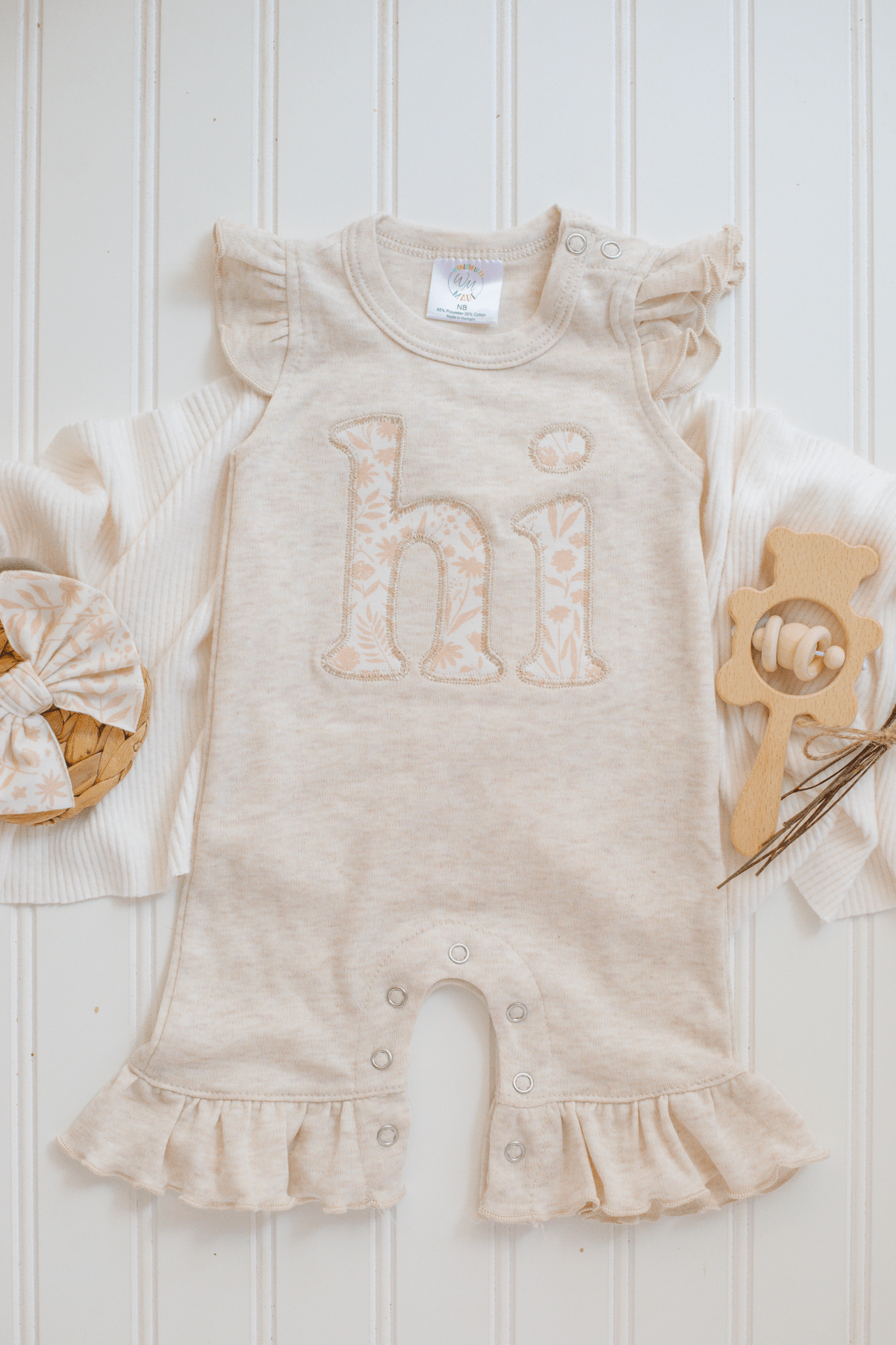 Baby Girl Outfit | Oatmeal Flutter Romper - HI - Tiny Tots Boutique