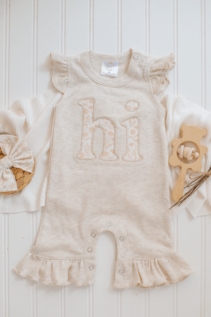 Baby Girl Outfit | Oatmeal Flutter Romper - HI - Tiny Tots Boutique