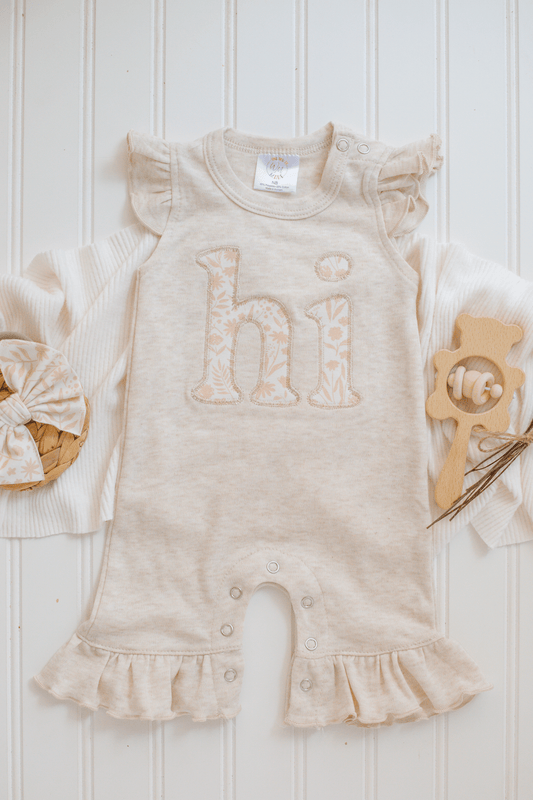 Baby Girl Outfit | Oatmeal Flutter Romper - HI - Tiny Tots Boutique