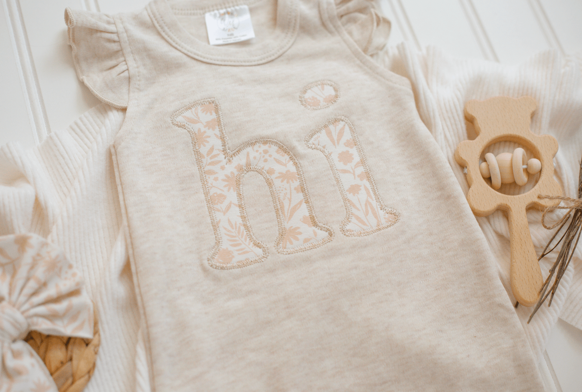Baby Girl Outfit | Oatmeal Flutter Romper - HI - Tiny Tots Boutique