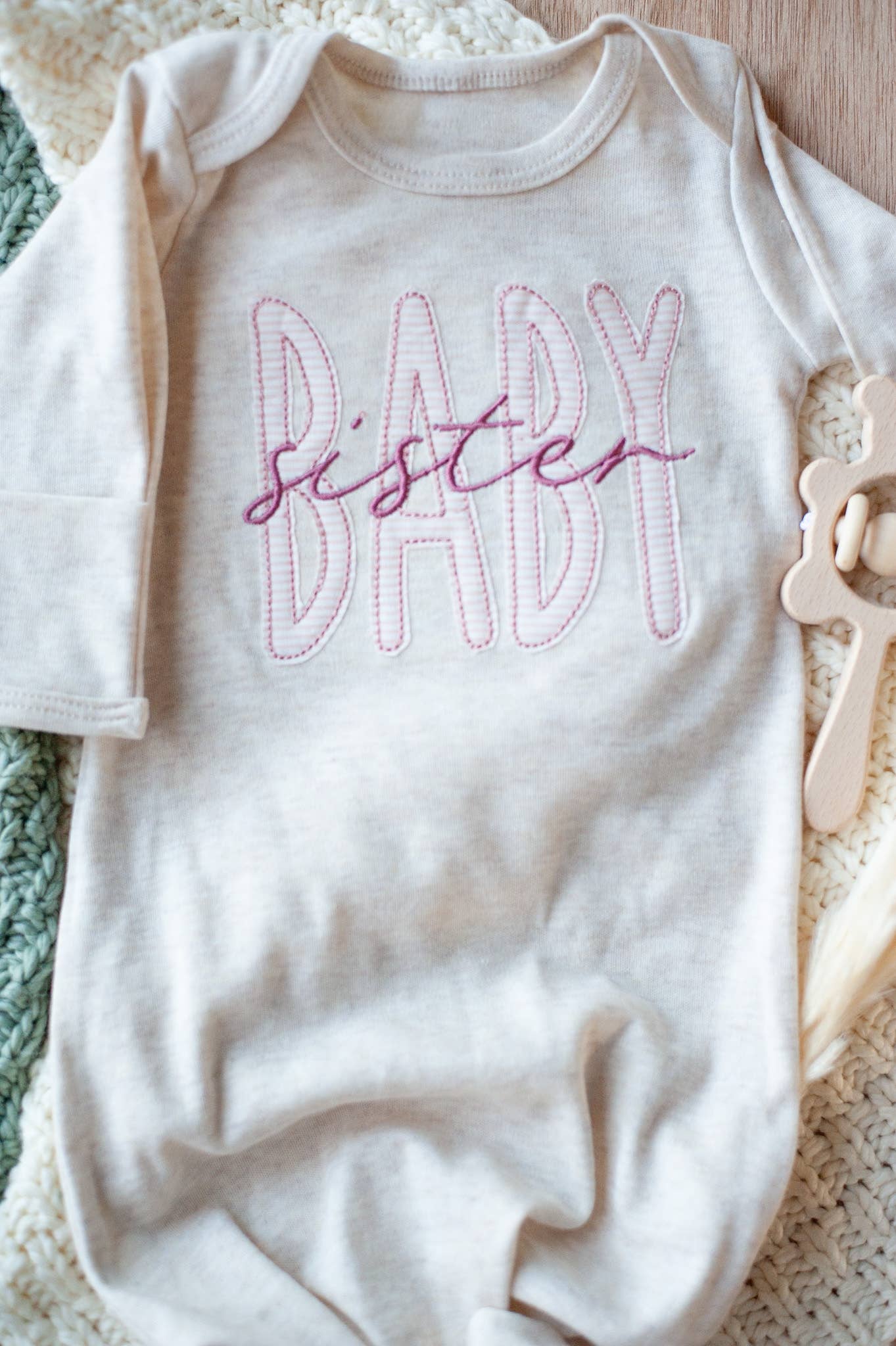 Baby Girl Outfit | Oatmeal Knot Gown Pink Baby Sister - Tiny Tots Boutique