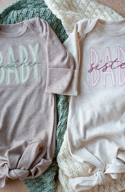 Baby Girl Outfit | Oatmeal Knot Gown Pink Baby Sister - Tiny Tots Boutique