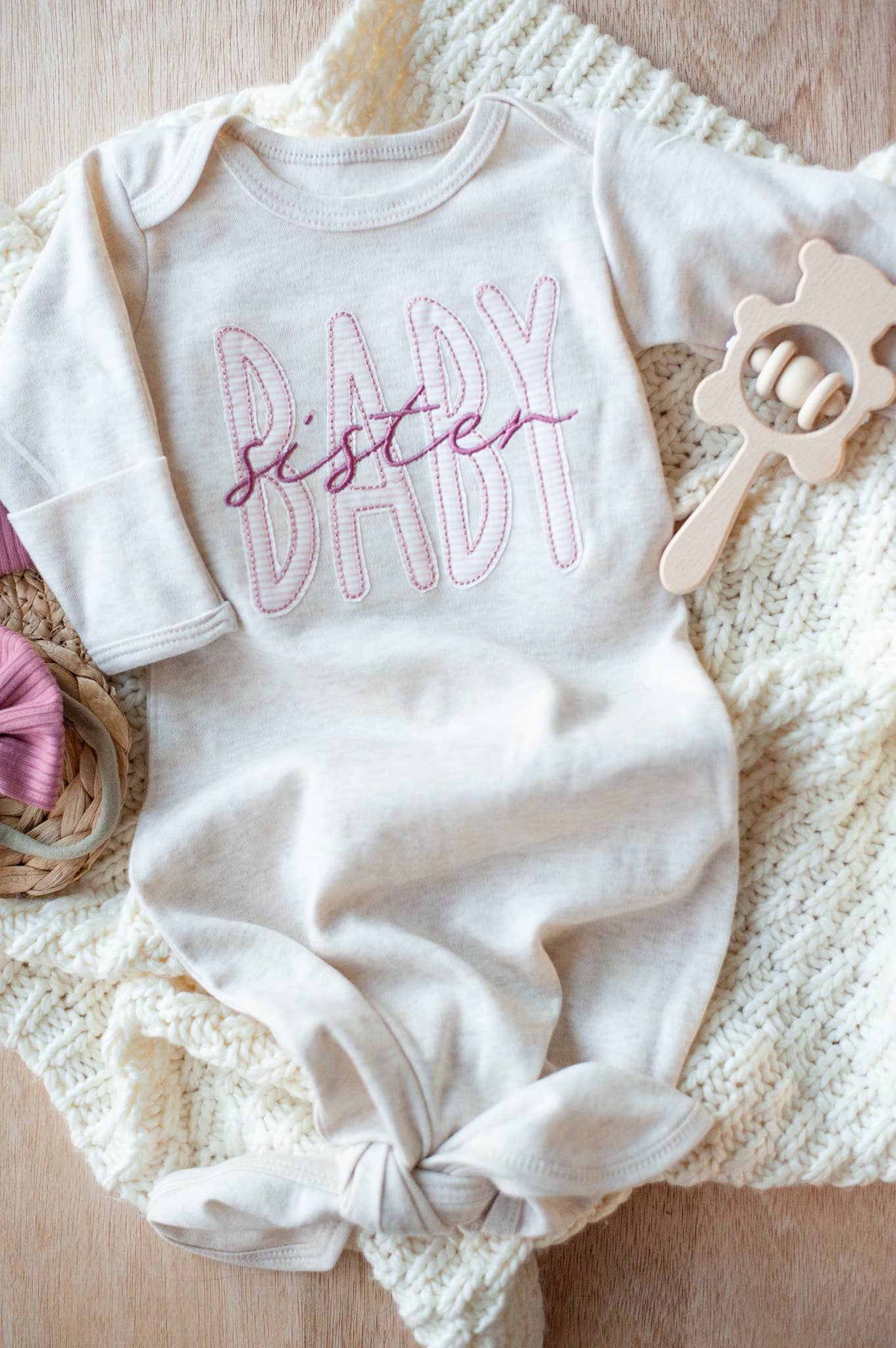 Baby Girl Outfit | Oatmeal Knot Gown Pink Baby Sister - Tiny Tots Boutique