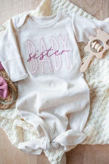 Baby Girl Outfit | Oatmeal Knot Gown Pink Baby Sister - Tiny Tots Boutique