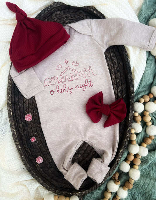 Baby Mocha Brown Romper | O' Holy Night Oatmeal Baby Outfit - Tiny Tots Boutique