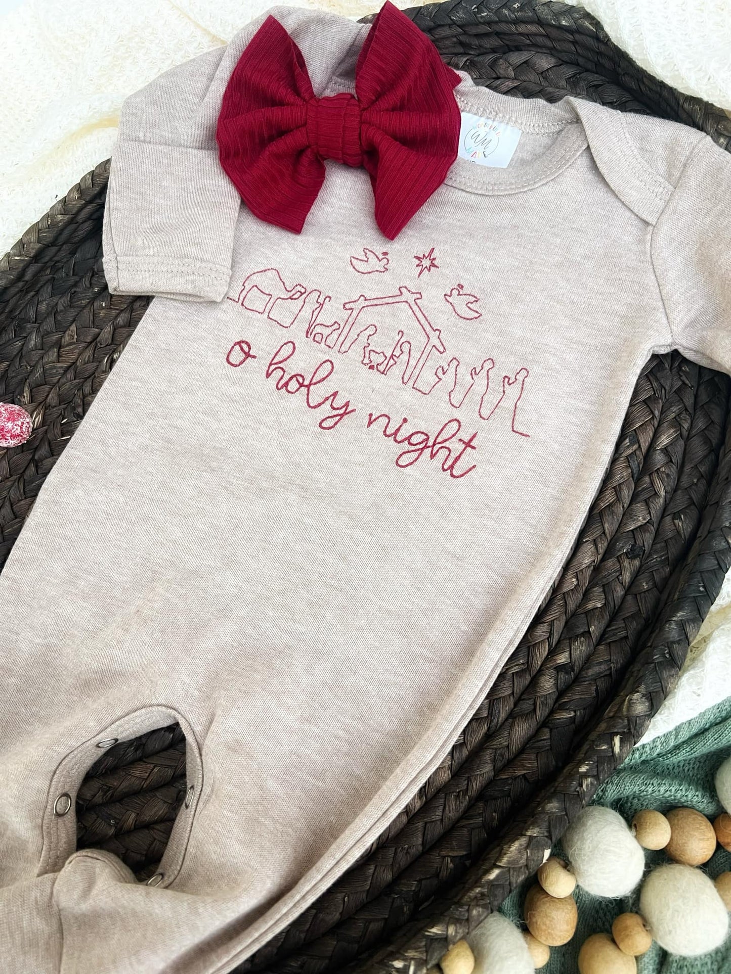 Baby Mocha Brown Romper | O' Holy Night Oatmeal Baby Outfit - Tiny Tots Boutique